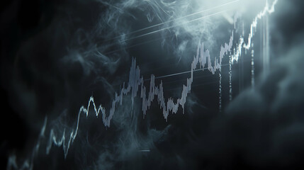A dark and enigmatic stock market graph displayed on a shadowy screen, with jagged, unpredictable lines that suggest volatility and danger
