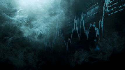 A dark and enigmatic stock market graph displayed on a shadowy screen, with jagged, unpredictable lines that suggest volatility and danger