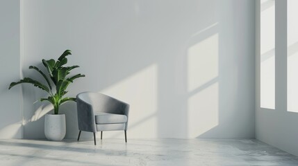 Minimalist living room with a grey armchair and a plant in a pot.
