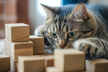 A cat knocking over a tower of blocks