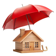 Wooden house icon under red umbrella insurance concept