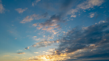 Sunset clouds are gathering. Panoramic sunrise or sunset sky with clouds. Sunset Sky on Twilight in the Evening with Sunset. Cloud Nature Sky Backgrounds. Sky Sunrise, Dusk clouds.