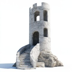 3D Render of a castle watchtower with a stone staircase and lookout area, on isolated white background