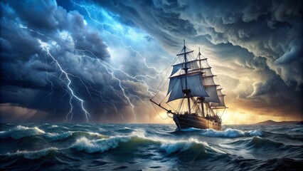 A dramatic image of an old sailing ship braving stormy seas with storm clouds and lightning in the background