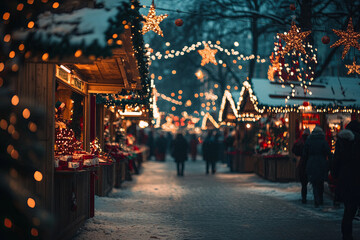 Obraz premium Christmas market with lights and festive decorations
