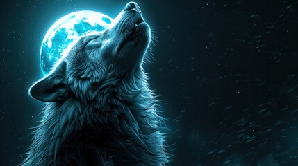 Fototapeta premium Wolf howling at the moon with blue glow.