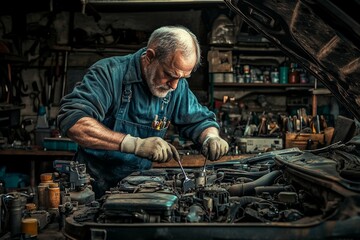 Photograph a mechanic leaning over an engine, tightening bolts with a wrench, with grease-stained hands and tools scattered around.  workshop filled with car parts, tools, and an open hood.