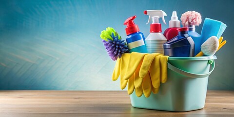 A bucket filled with cleaning products, tools, gloves, and a towel for comprehensive cleaning tasks