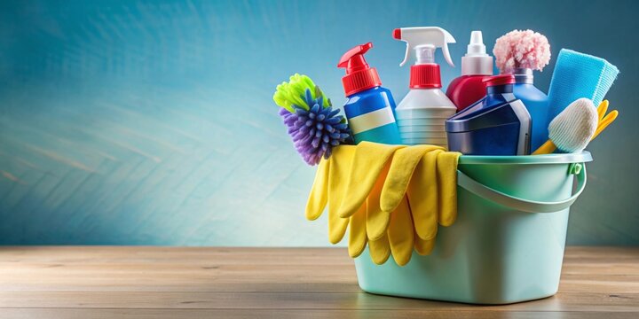 A bucket filled with cleaning products, tools, gloves, and a towel for comprehensive cleaning tasks