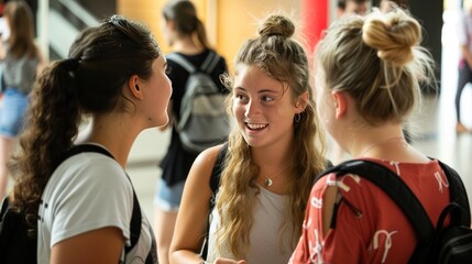 Fototapeta premium Three young girls talking and smiling at each other