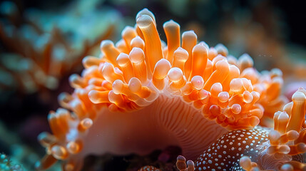 Close-up of a Sea Anemone with Orange Tentacles and a Spotted Creature Inside