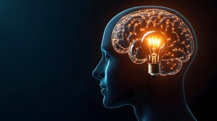 3D rendering of a human head with a glowing lightbulb inside,symbolizing the power of the brain,creative thinking,and marketing insights.