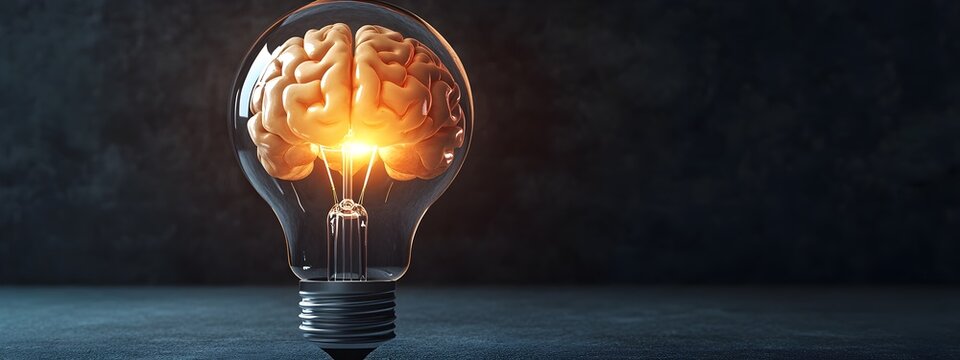 A 3D brain encapsulated within a glowing lightbulb,symbolizing the creative,intellectual,and leadership potential that can be unlocked through innovative thinking and visionary guidance.