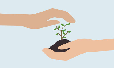 Human hand hold plant, Green Sprout, Go green planet, Planting tree and Growing Earth. Flat vector illustration.