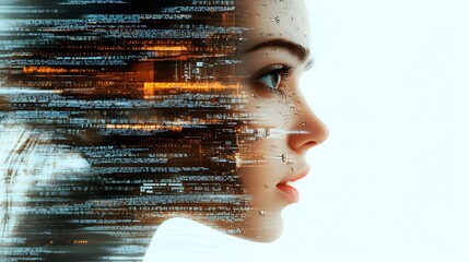 A speaker's intense gaze combined with scrolling AI text in a double exposure, capturing the essence of voice tech evolution and the merging of minds with machines--style raw