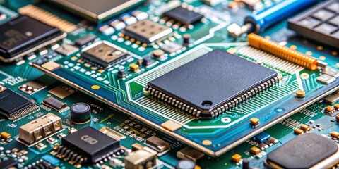 Close-up of microchip and SMD electronic components on circuit board for smartphone repair and engineering
