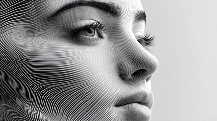 Double exposure of a face combined with swirling soundwaves, highlighting AI's intersection with speech technology, futuristic and precise design