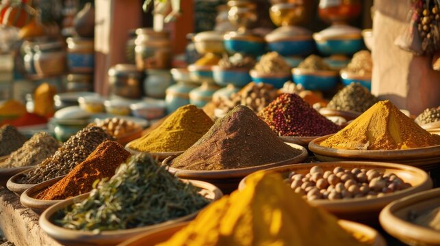 A vibrant array of colorful spices and food ingredients are displayed under the sunlight at a traditional Moroccan market, highlighting the richness of the country's culinary heritage.