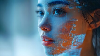 Portrait of a human face overlaid with speech recognition software, emphasizing AI-driven voice technology, double exposure effect, sharp contrast