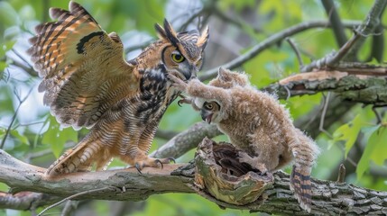 Great Horned Owl Protecting Its Young.