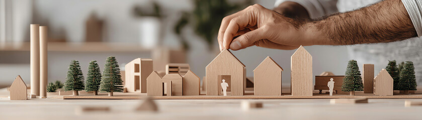A hand carefully placing a wooden house in a miniature model village with trees, showcasing creativity in architecture and design.