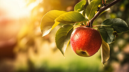 Obraz premium A vibrant red apple is suspended from a branch, surrounded by glossy green leaves, capturing the beauty of a sunny outdoor setting at sunset, harvest mood, copy space
