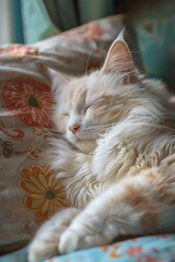 A peaceful cat sleeping on a floral pillow, showcasing its fluffy fur and serene demeanor in a cozy indoor setting.