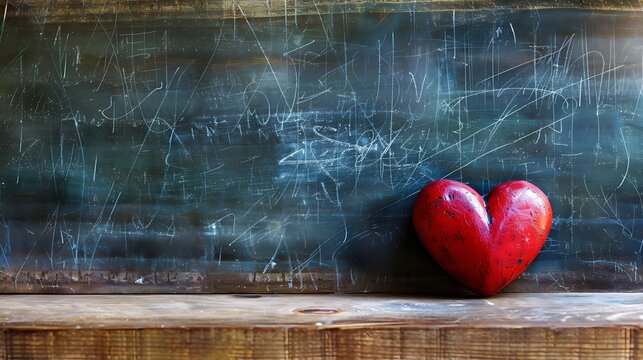 Heart in empty class on wooden background