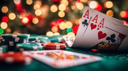 A festive card game in progress with holiday music playing in the background