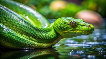 Fototapeta premium Close up of a green giant snake calmly slithering in a river