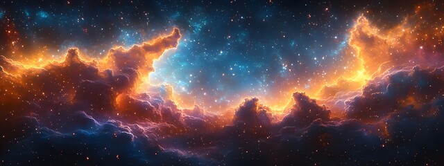 Fototapeta premium An immense galactic tapestry,glistening with stardust and colossal interstellar structures,showcases celestial events in a retrofuturistic space odyssey. This digital painting.