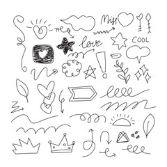 set of doodles line abstract, boom, firework, arrow isolated on white background