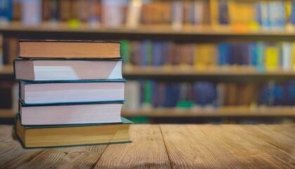 stack of books against the background of library, stack of books in front of library, books on wooden table