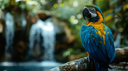 Fototapeta premium Blue and Yellow Macaw Perched on Branch with Waterfall in Background
