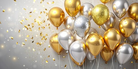 Gold and silver helium balloons with confetti on background
