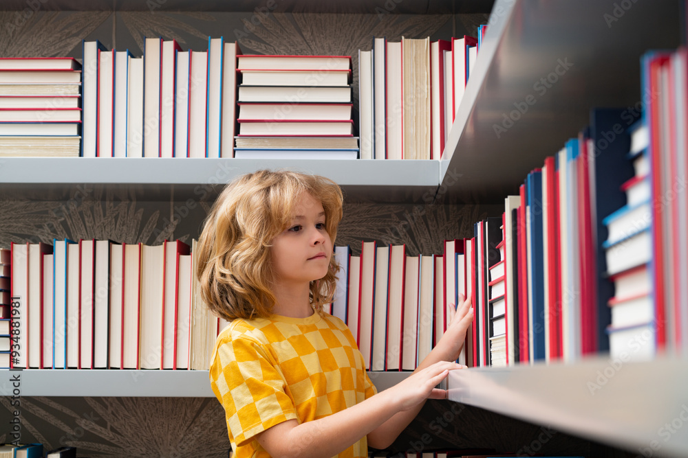 Poster education concept. school kid pupil studying in school library. child reading book in library on boo