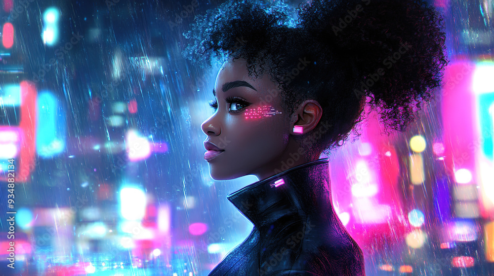 Wall mural digital and neon fusion: young african american woman with curly hair immersed in cyberpunk-inspired