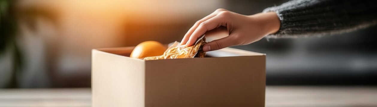 A close-up of a donation box with a person s hand hesitating to take food, representing the struggle of surviving without money