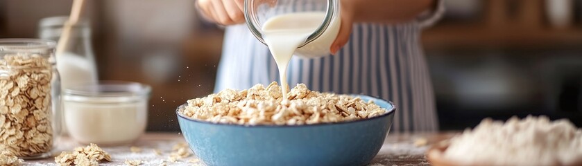 A child pours milk into a bowl of corn flakes for her breakfast in the morning.
