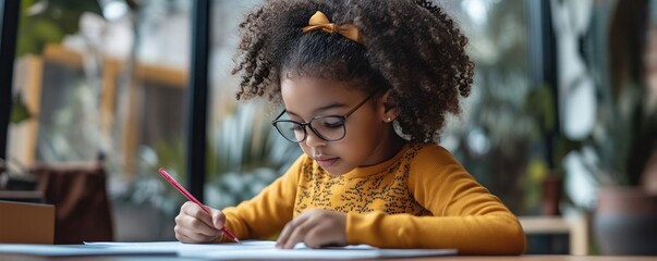 Portrait of a little girl doing homework