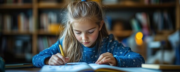 Portrait of a little girl doing homework
