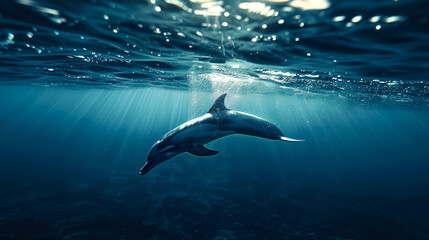 Fototapeta premium Dolphin swimming through a beam of sunlight in the ocean