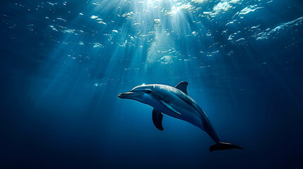 Obraz premium Dolphin Swimming Upwards Through Sunbeams in Deep Blue Ocean Water