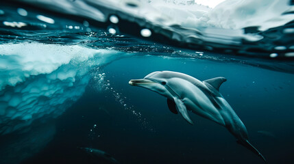 Fototapeta premium Dolphin Swimming Beneath a Glacial Ice Shelf