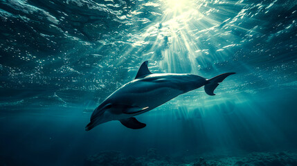 A Dolphin Swimming Through Sunbeams in the Ocean