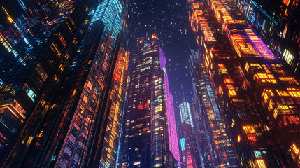 A futuristic cityscape with towering skyscrapers