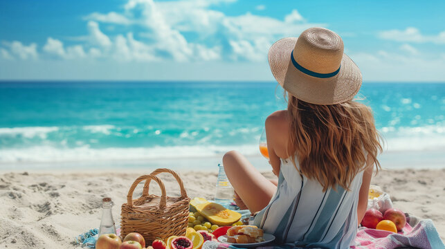 Beach Picnic: A woman enjoying a picnic with friends on a sunny beach, Labor Day, with copy space - Powered by Adobe
