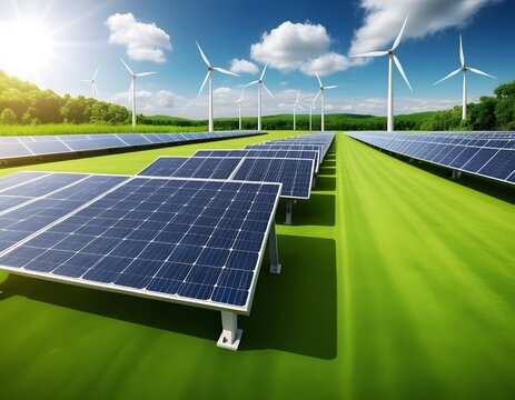 Paneles solares y turbinas e&oacute;licas en el campo Concepto de naturaleza verde de paneles solares con turbinas e&oacute;licas,
Parque de paneles solares