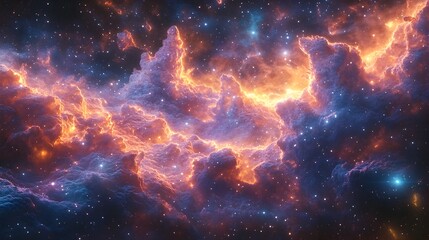 Fototapeta premium Boundless Cosmic Expanse:Shimmering Stardust and Colossal Interstellar Structures Showcasing Mesmerizing Astronomical Wonders in a Retrofuturistic Space Landscape with Painterly Digital Technique and