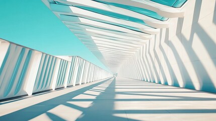 Futuristic White Corridor: A minimalist and sleek corridor with white walls and a glass ceiling, bathed in ethereal blue light. 